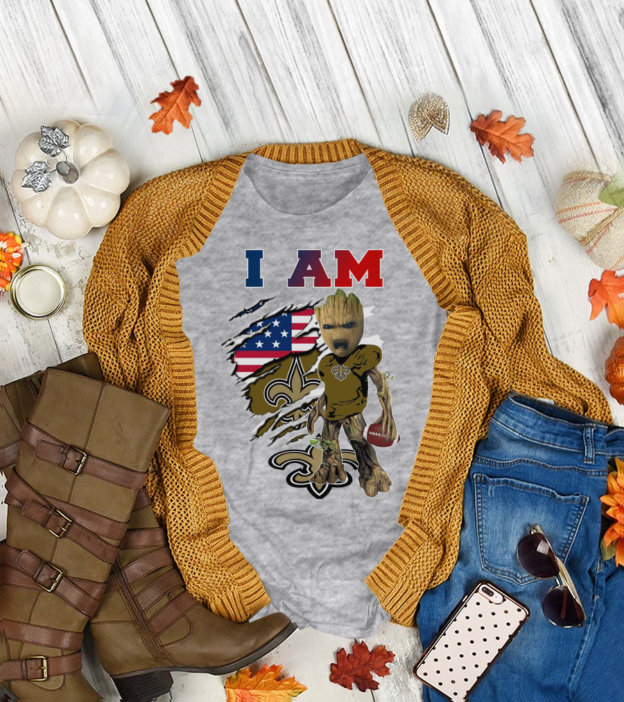 I Am Saints Baby Groot Nfl Football Fleur-De-Lis Usa Flag T-Shirt