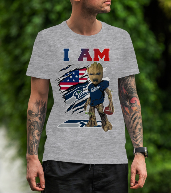 I AM Seahawks Baby Groot Football American Flag T-Shirt