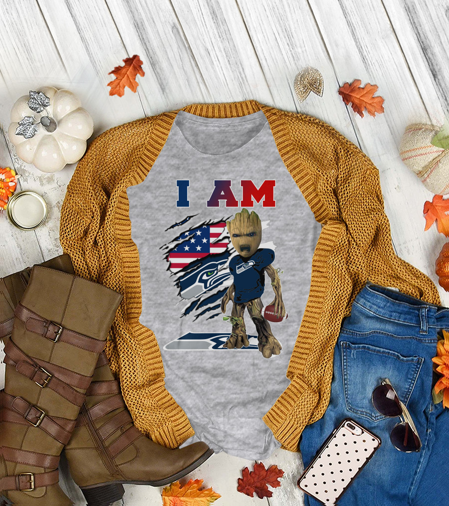 I AM Seahawks Baby Groot Football American Flag T-Shirt
