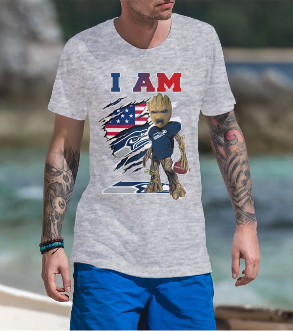 I AM Seahawks Baby Groot Football American Flag T-Shirt
