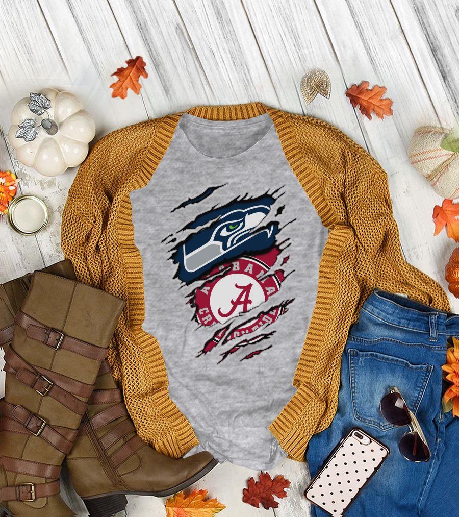 Alabama Crimson Tide And Seattle Seahawks Torn T-Shirt
