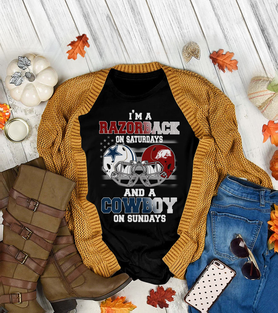 Razorback On Saturdays Cowboy On Sundays Football Helmets T-Shirt