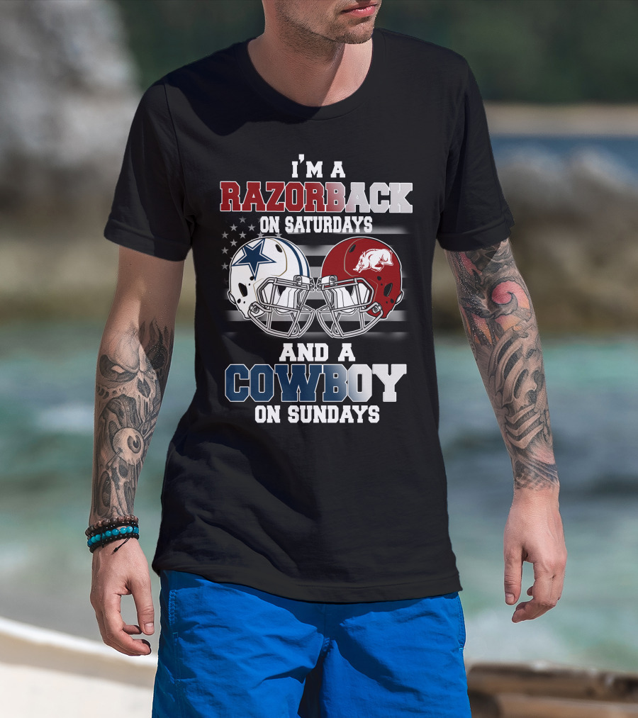 Razorback On Saturdays Cowboy On Sundays Football Helmets T-Shirt