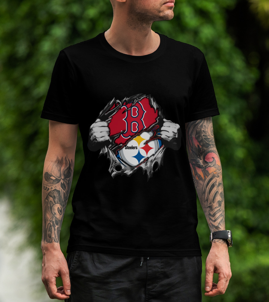 Steelers Red Sox Fusion Emblem With Torn Effect T-Shirt