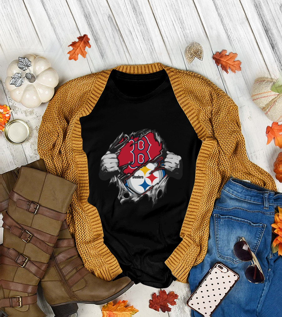 Steelers Red Sox Fusion Emblem With Torn Effect T-Shirt