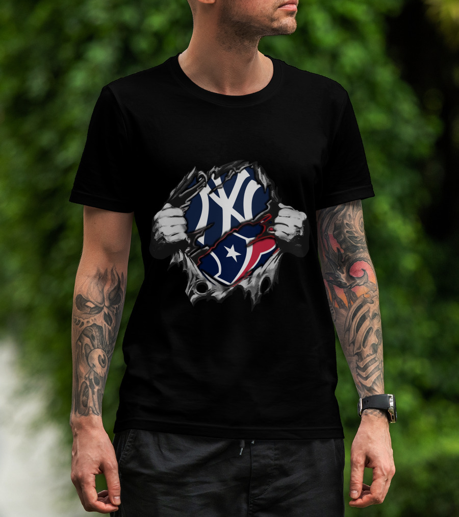 Texans Yankees Logo Fusion With Torn Effect T-Shirt