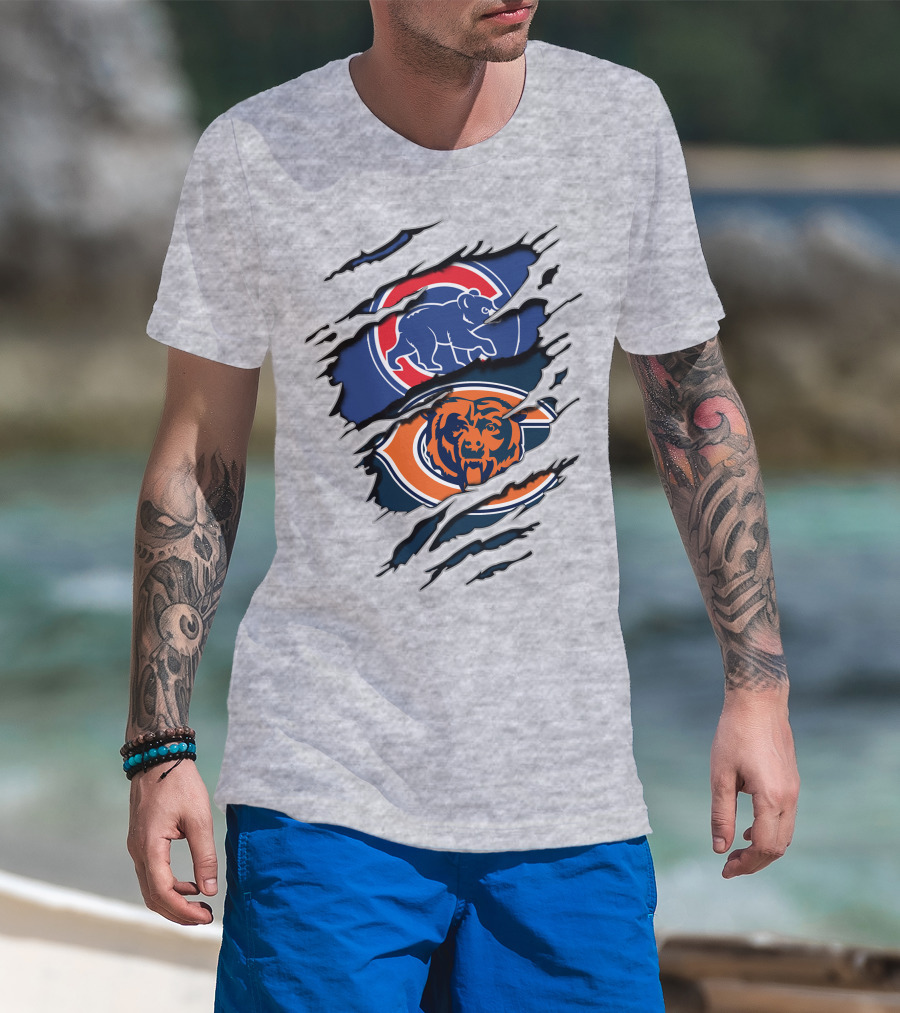 Cubs Bears Dual Logo Design Ripped Tear Combination T-Shirt