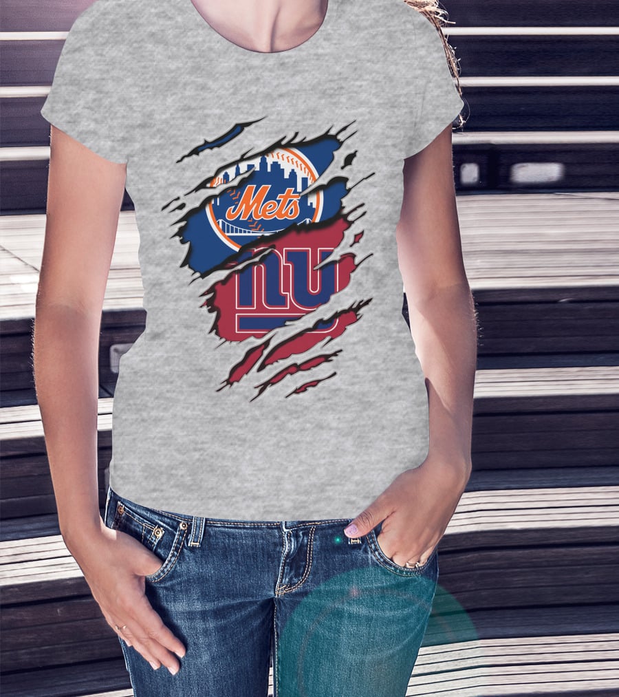 Mets Giants Baseball Football Crossover Ripped T-Shirt
