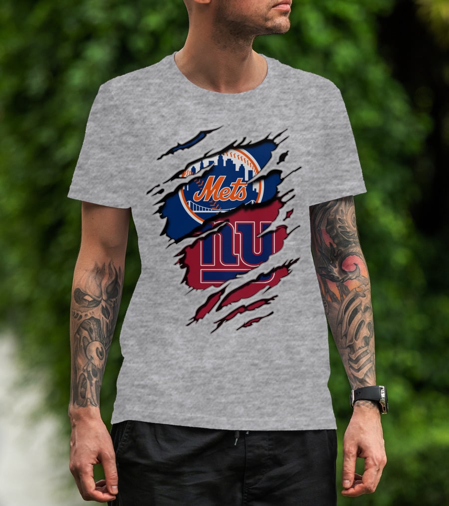 Mets Giants Baseball Football Crossover Ripped T-Shirt