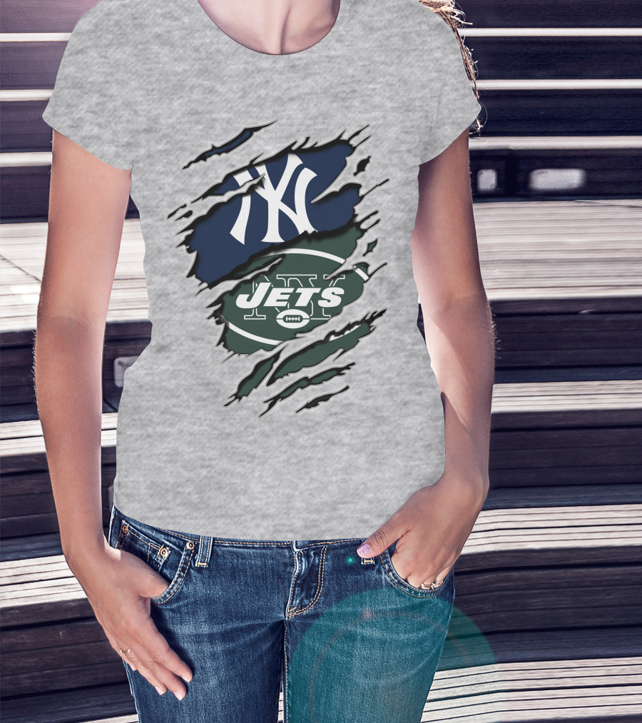 New York Jets Yankees Ny Sports Logos Rip Effect T-Shirt