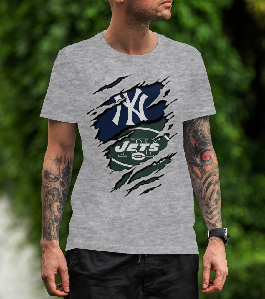 New York Jets Yankees Ny Sports Logos Rip Effect T-Shirt