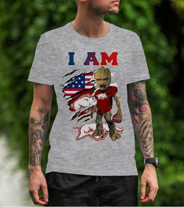 I AM Groot Arkansas Razorbacks Football USA Flag T-Shirt