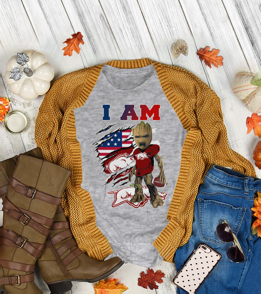 I AM Groot Arkansas Razorbacks Football USA Flag T-Shirt