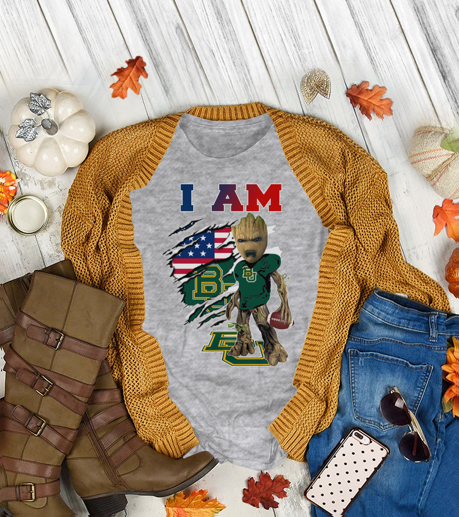 I AM Baylor Bears Groot Football American Flag T-Shirt