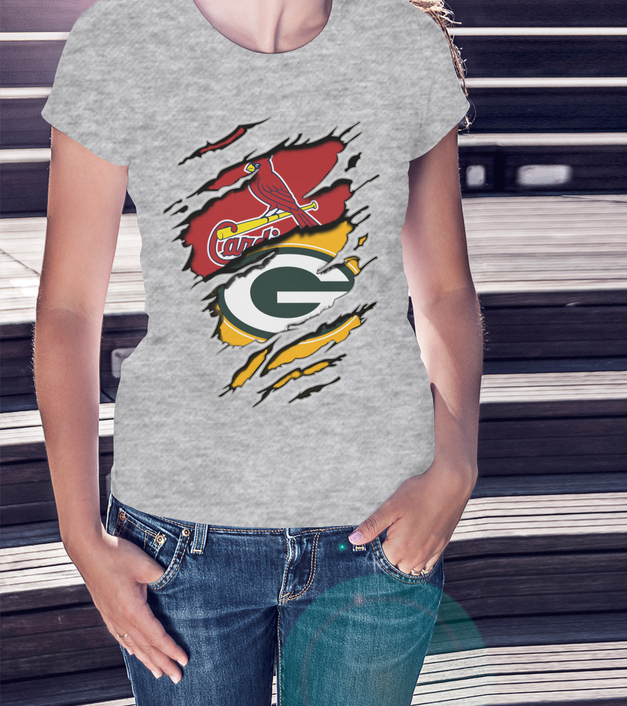 Cardinals Packers Logos Rip Torn Effect T-Shirt