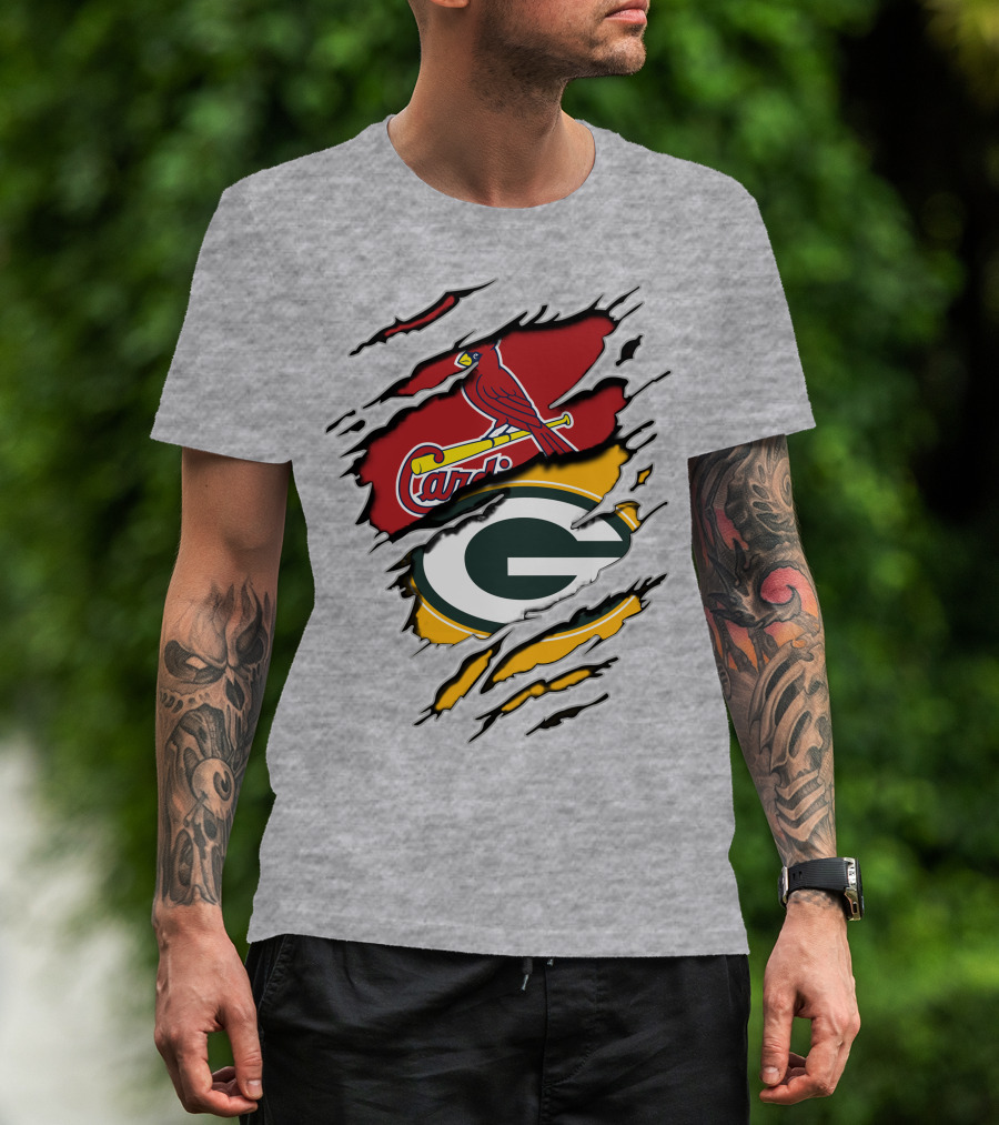 Cardinals Packers Logos Rip Torn Effect T-Shirt
