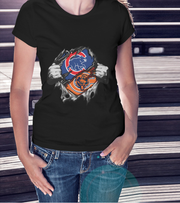 Chicago Cubs And Chicago Bears Dual Team Logo Burst T-Shirt