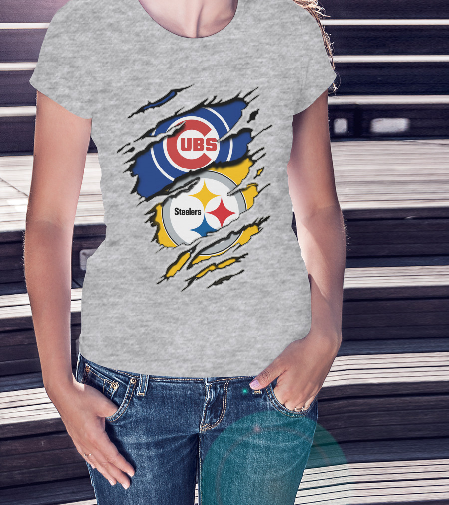 Steelers Cubs Logos With Torn Fabric T-Shirt