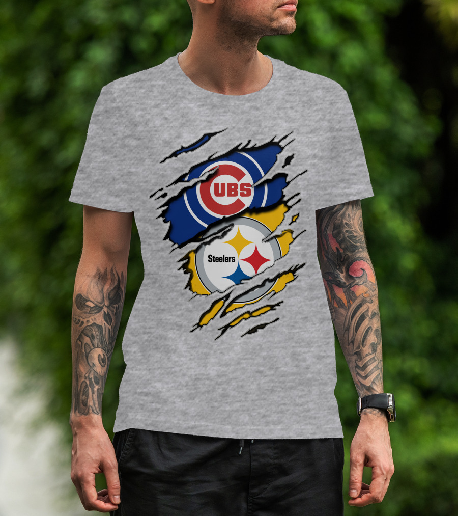Steelers Cubs Logos With Torn Fabric T-Shirt