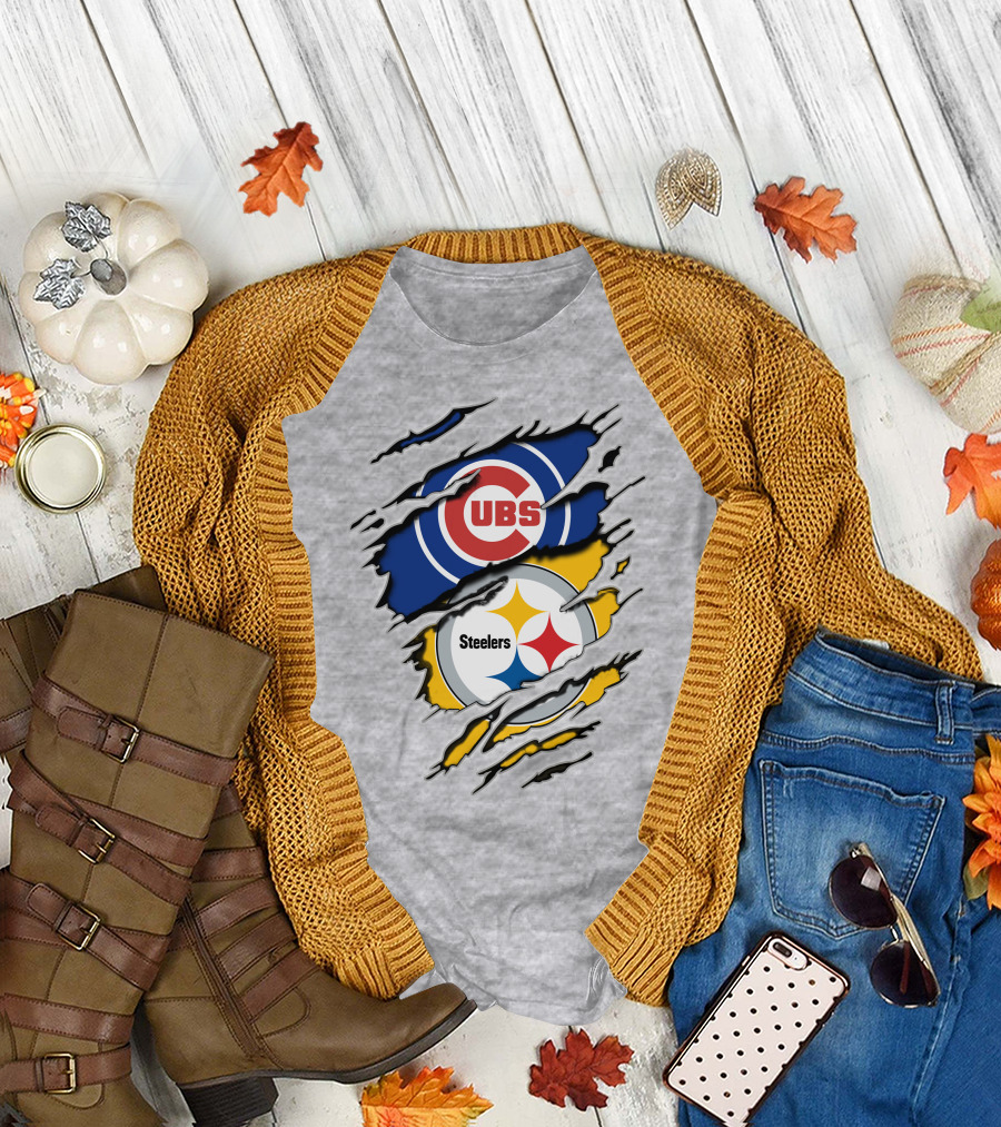 Steelers Cubs Logos With Torn Fabric T-Shirt