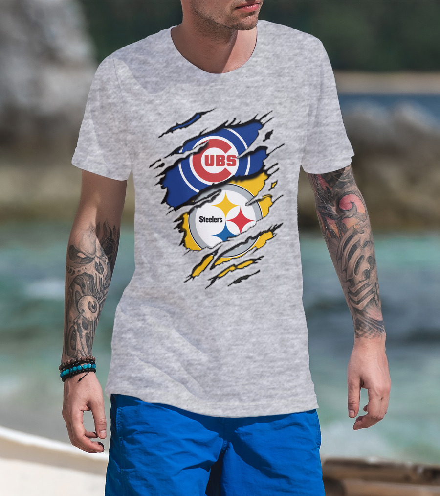 Steelers Cubs Logos With Torn Fabric T-Shirt