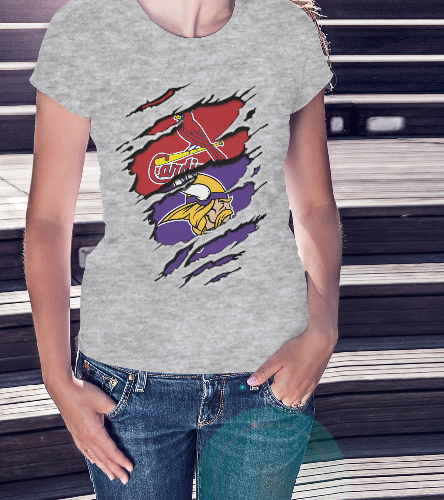 Vikings And Cardinals Logos Torn Effect T-Shirt