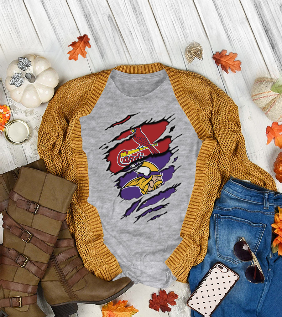 Vikings And Cardinals Logos Torn Effect T-Shirt