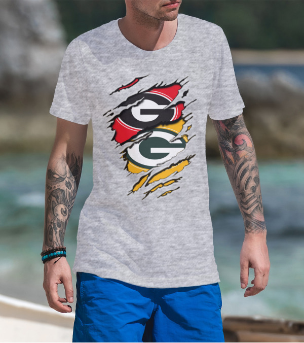 Green Bay Packers Georgia Bulldogs Dual Logo Rip Claw Marks T-Shirt