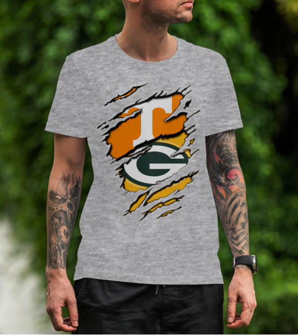 Tennessee Vols And Green Bay Packers Torn Logo Fusion T-Shirt
