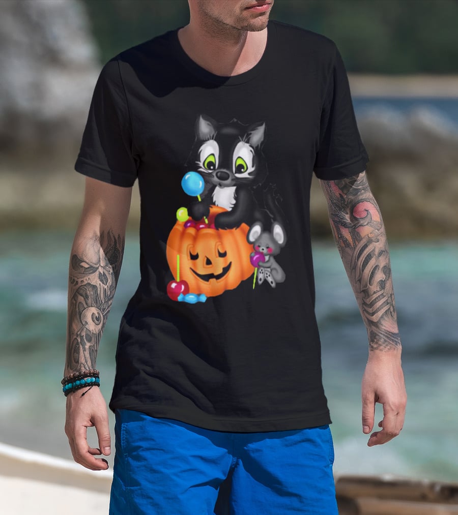 Halowen Cute Cat And Mouse With Candy And Pumpkin T-Shirt
