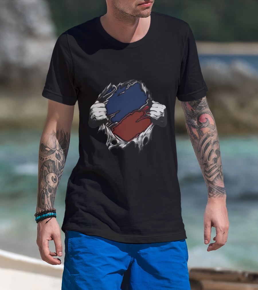 Ripping Open Dual Color Reveal Red Blue T-Shirt