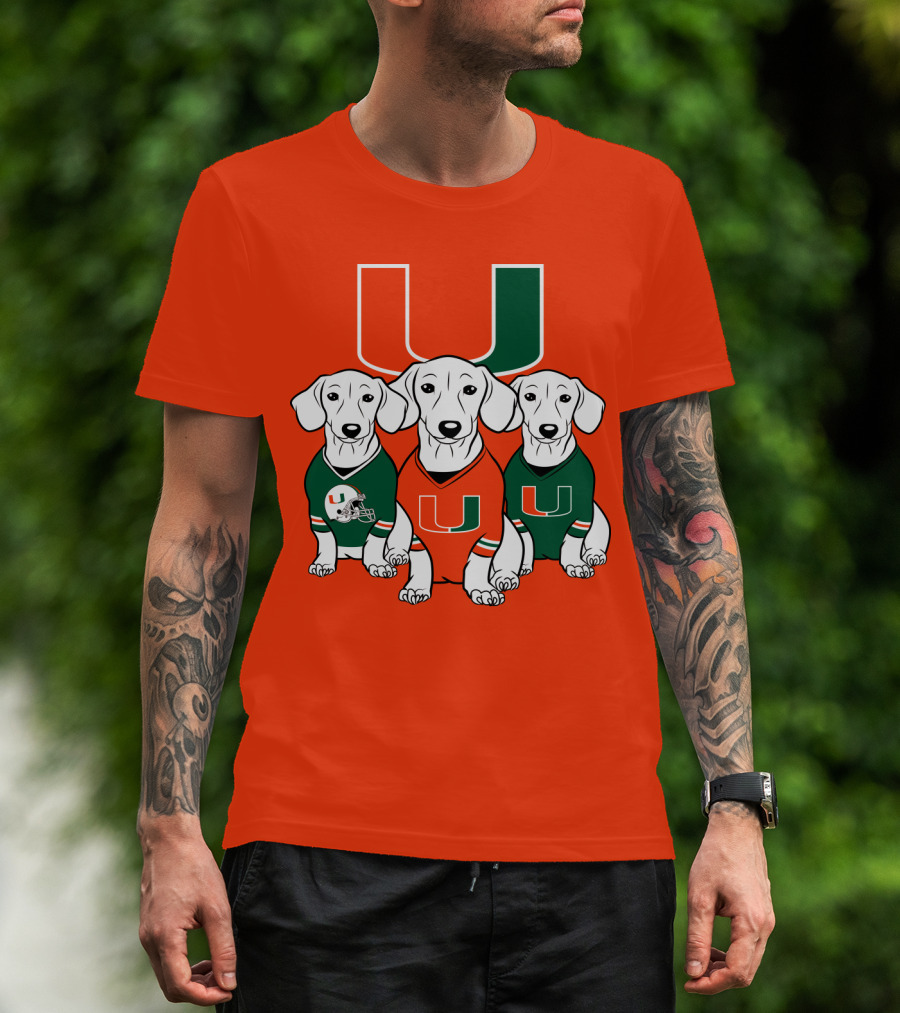 Miami Hurricanes U Logo With Dogs In Team Jerseys T-Shirt