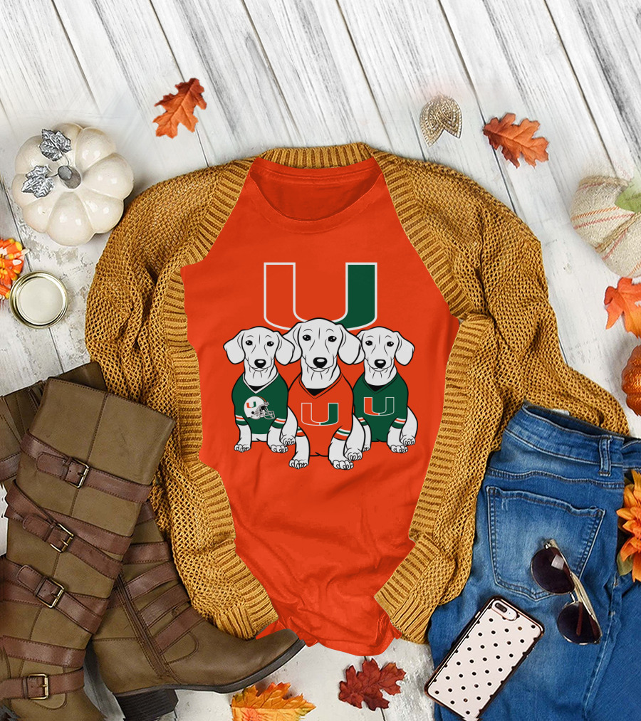 Miami Hurricanes U Logo With Dogs In Team Jerseys T-Shirt