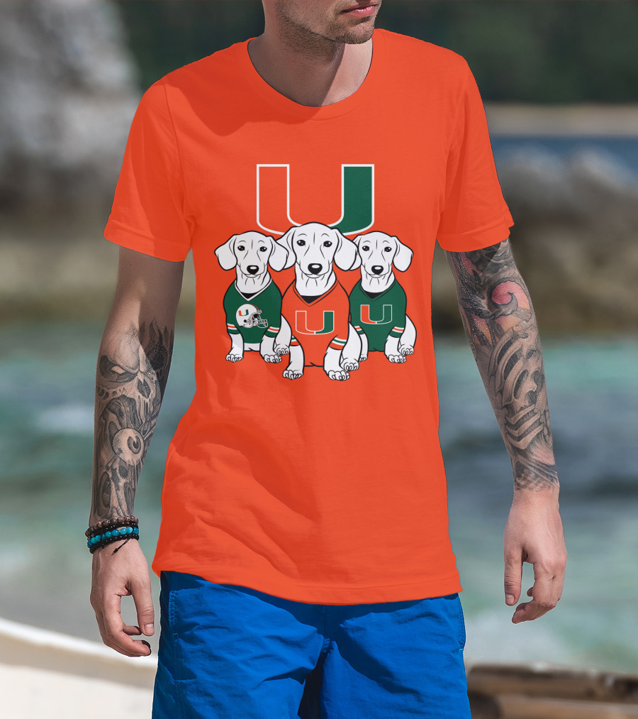 Miami Hurricanes U Logo With Dogs In Team Jerseys T-Shirt
