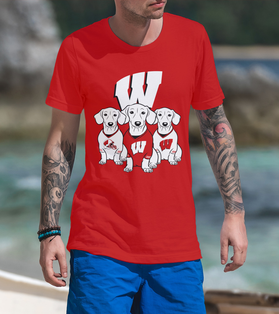 Wisconsin W Dachsund Trio Football Helmets And Jerseys T-Shirt