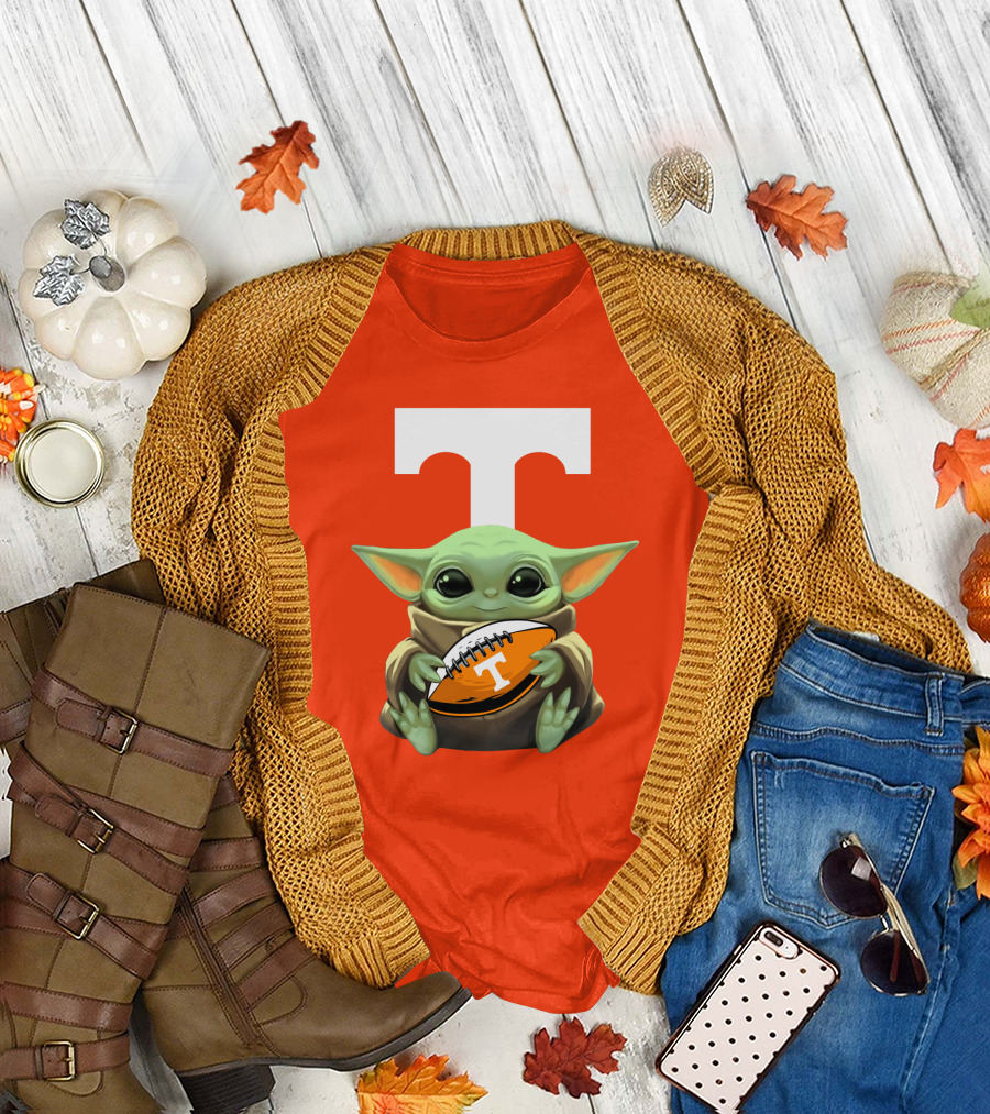 Baby Yoda Holding Tennessee Volunteers Football Ball T-Shirt
