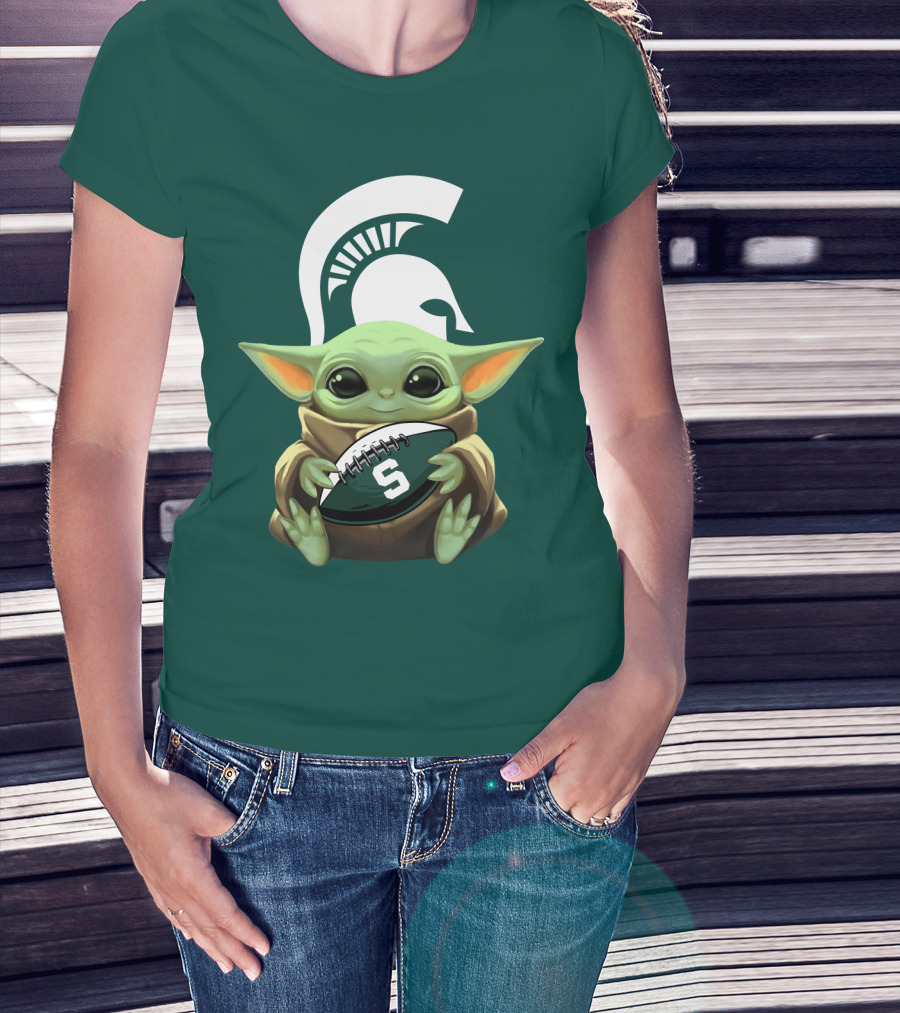 Baby Yoda Holding Football With Michigan State Spartans Helmet T-Shirt