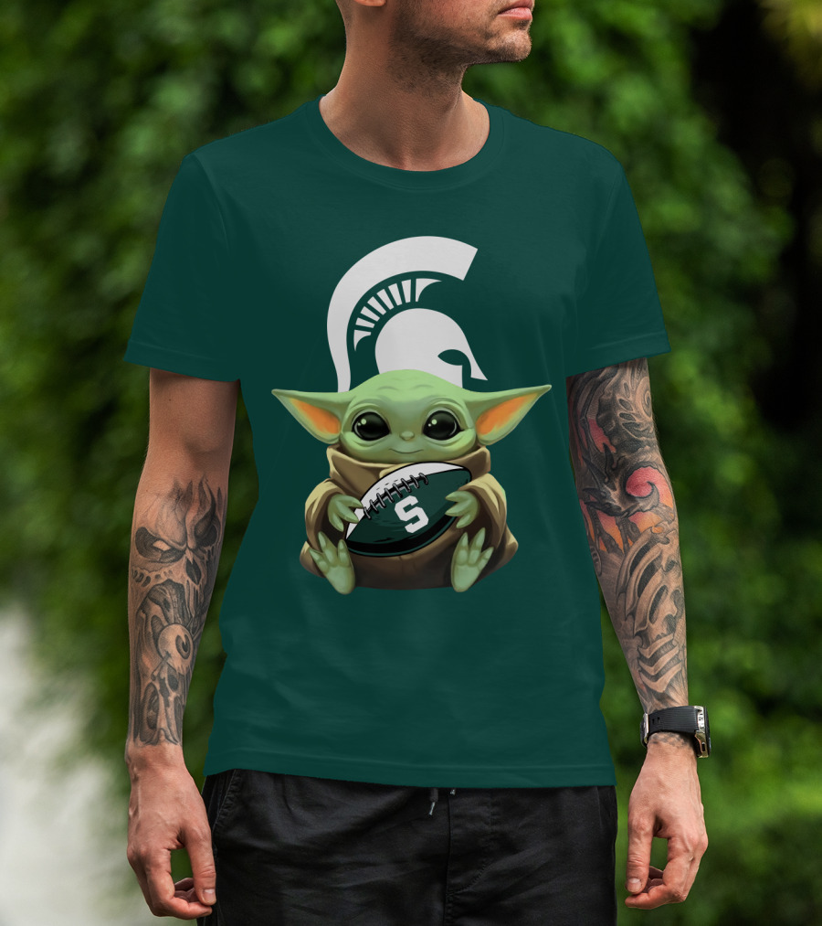 Baby Yoda Holding Football With Michigan State Spartans Helmet T-Shirt