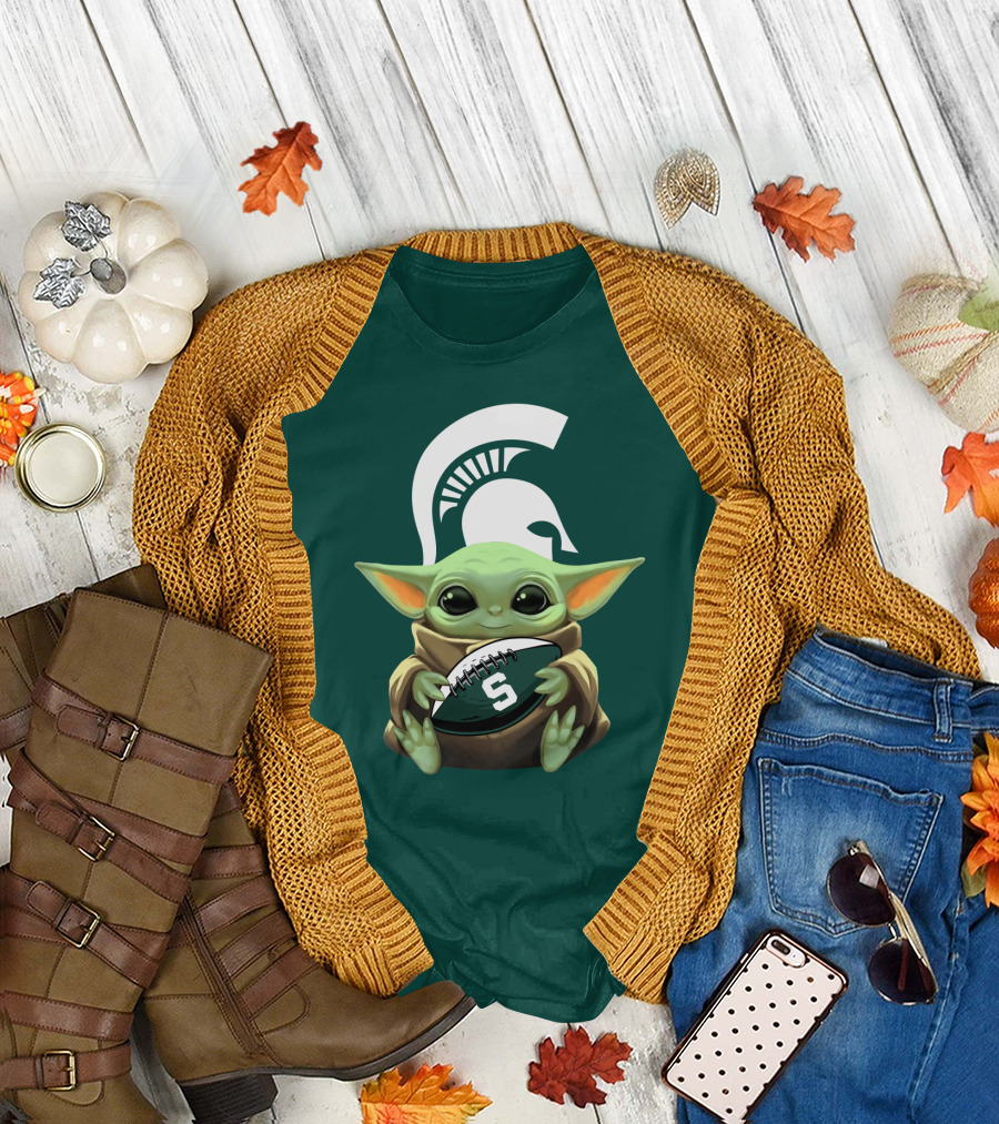 Baby Yoda Holding Football with Michigan State Spartans Helmet T-Shirt