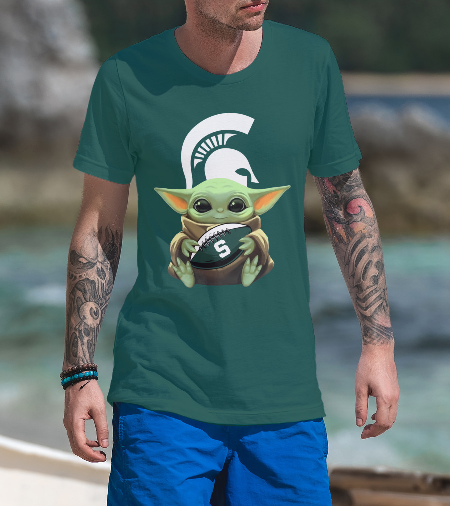 Baby Yoda Holding Football With Michigan State Spartans Helmet T-Shirt