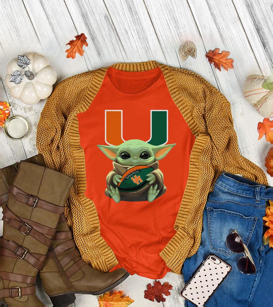 Baby Yoda Miami Hurricanes Football Fan T-Shirt