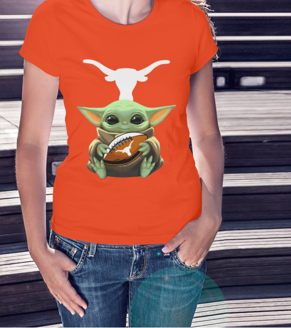 Baby Yoda Longhorns Football Logo Orange Background T-Shirt