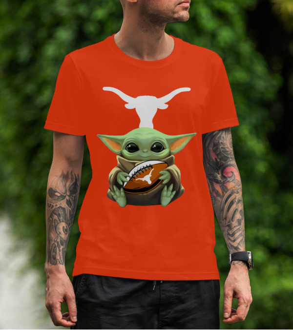 Baby Yoda Longhorns Football Logo Orange Background T-Shirt