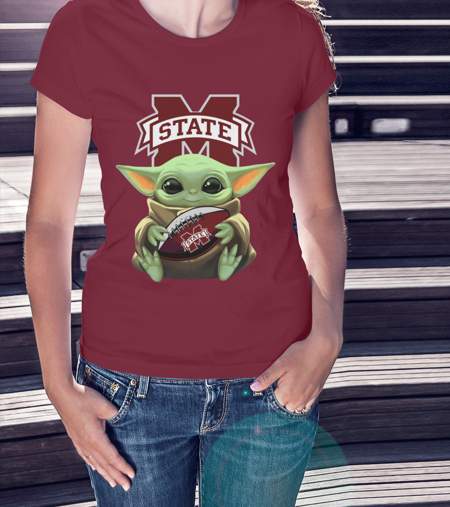 Baby Yoda Holding Mississippi State Bulldogs Football T-Shirt