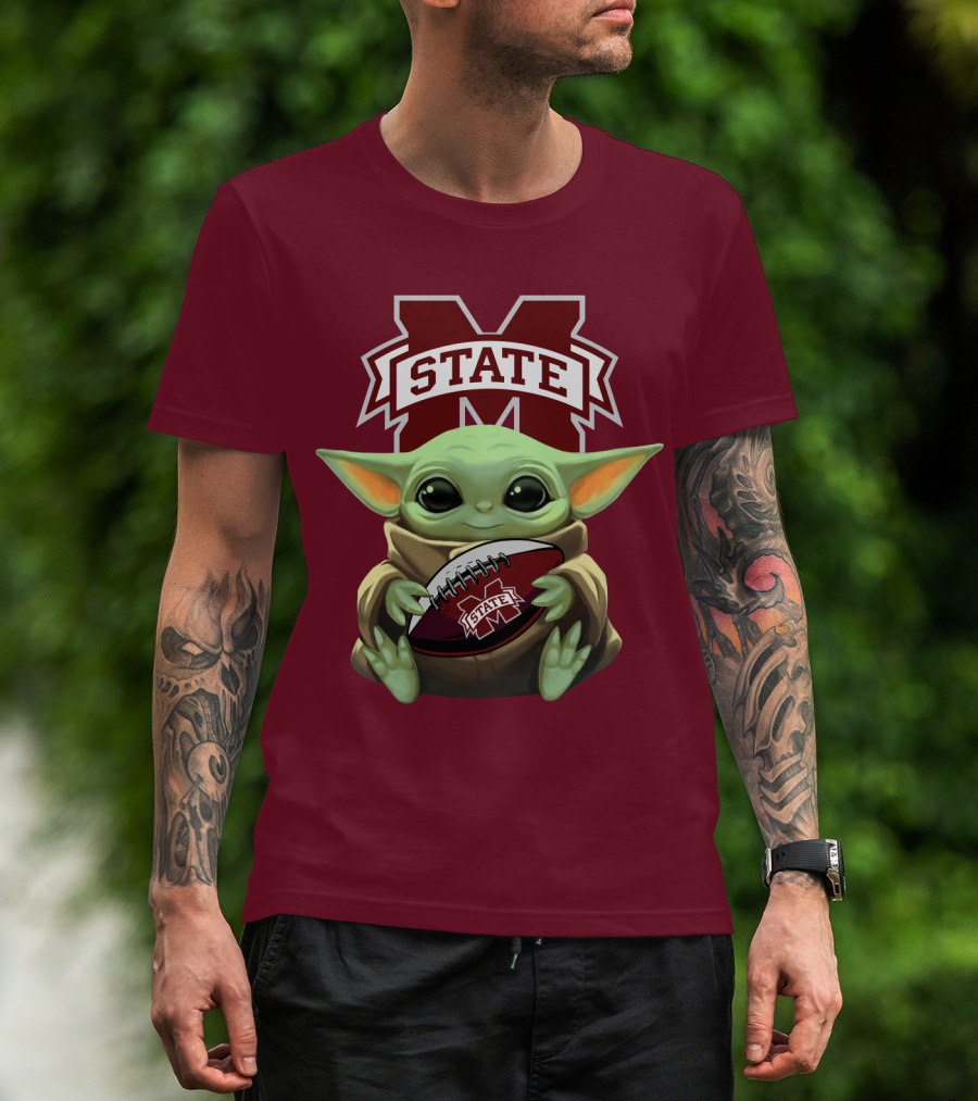 Baby Yoda Holding Mississippi State Bulldogs Football T-Shirt