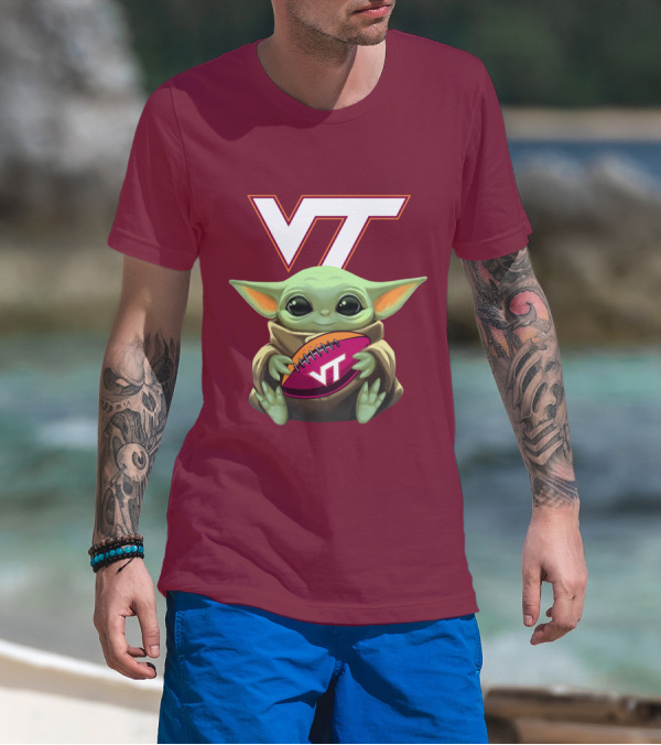VT Baby Yoda Holding Football Hokies T-Shirt