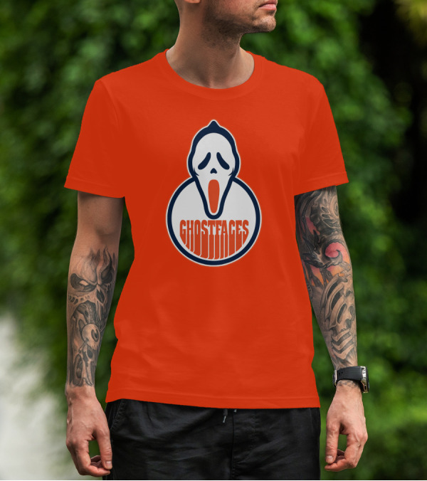 Edmonton Ghostfaces NHL Scream Parody Logo Orange Background T-Shirt