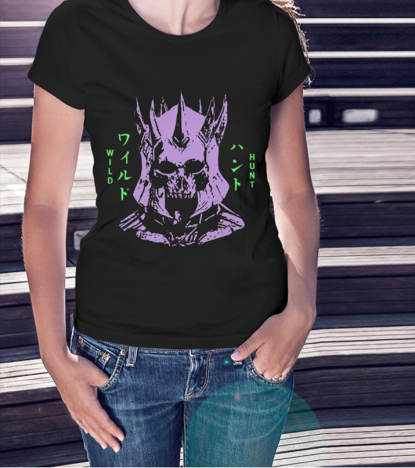 Wild Hunt 3 Skull Helmet Purple Japanese Text T-Shirt