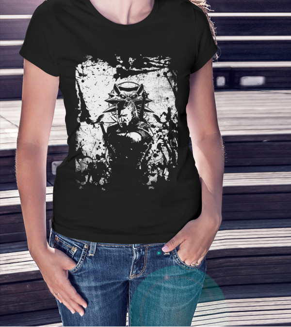 The Witcher 3 Wild Hunt Geralt Wolf School Emblem Splatter T-Shirt