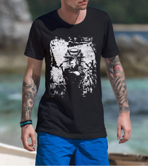 The Witcher 3 Wild Hunt Geralt Wolf School Emblem Splatter T-Shirt